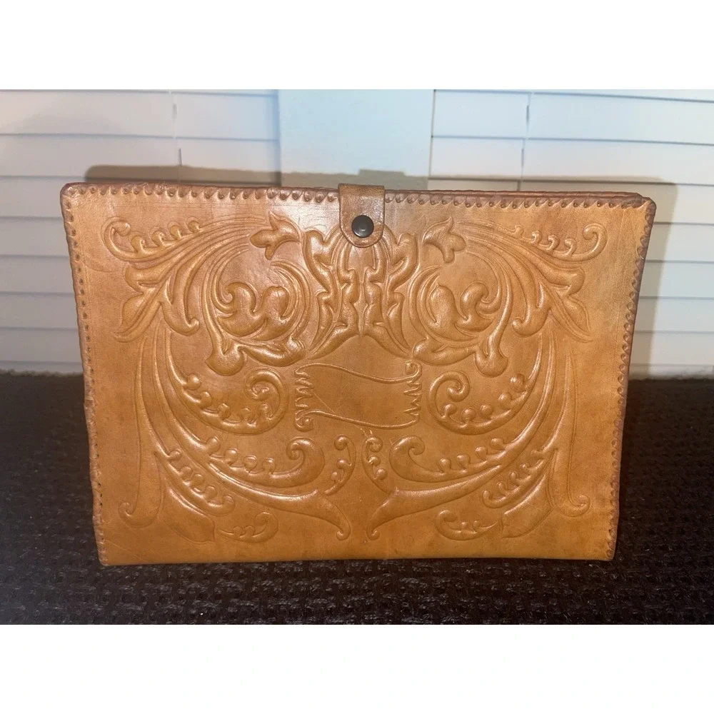 Vintage Tooled Leather Portfolio Folder Brown Leather